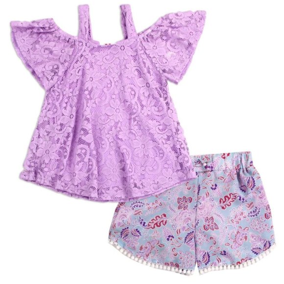 RMLA Girls 2-Piece Short Set | Purple Coral Summer Outfit |Trendy Kids Clothing - Picture 3 of 3